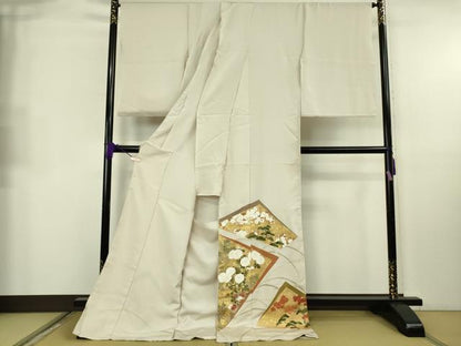 平和屋本店●極上 京都の和装業の老舗一門 千切屋 色留袖 芒に裂取草花 練色地 金彩 上代275万 箱付き　仮絵羽　逸品　未使用　DZAB8547kh6