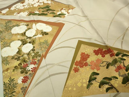 平和屋本店●極上 京都の和装業の老舗一門 千切屋 色留袖 芒に裂取草花 練色地 金彩 上代275万 箱付き　仮絵羽　逸品　未使用　DZAB8547kh6