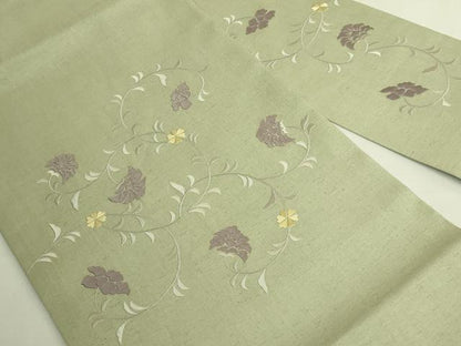 平和屋本店●極上　九寸名古屋帯　紬地　総刺繍　花唐草　山葵色地　逸品　DZAB8564kh6