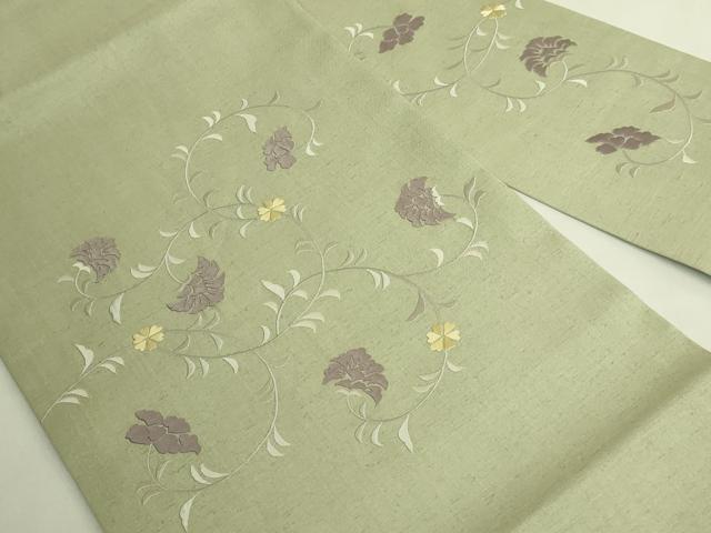 平和屋本店●極上　九寸名古屋帯　紬地　総刺繍　花唐草　山葵色地　逸品　DZAB8564kh6