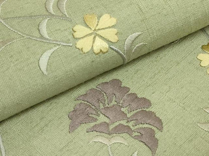 平和屋本店●極上　九寸名古屋帯　紬地　総刺繍　花唐草　山葵色地　逸品　DZAB8564kh6