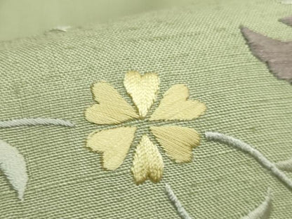 平和屋本店●極上　九寸名古屋帯　紬地　総刺繍　花唐草　山葵色地　逸品　DZAB8564kh6