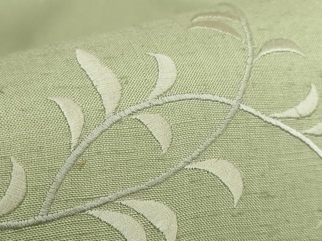 平和屋本店●極上　九寸名古屋帯　紬地　総刺繍　花唐草　山葵色地　逸品　DZAB8564kh6