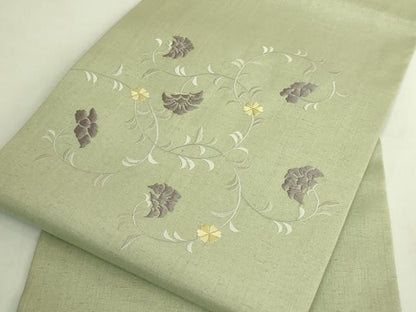 平和屋本店●極上　九寸名古屋帯　紬地　総刺繍　花唐草　山葵色地　逸品　DZAB8564kh6