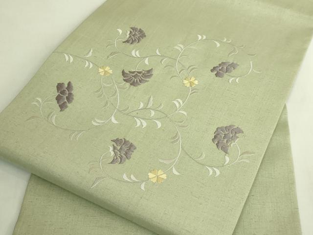平和屋本店●極上　九寸名古屋帯　紬地　総刺繍　花唐草　山葵色地　逸品　DZAB8564kh6