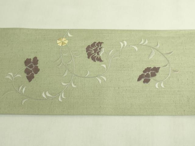 平和屋本店●極上　九寸名古屋帯　紬地　総刺繍　花唐草　山葵色地　逸品　DZAB8564kh6
