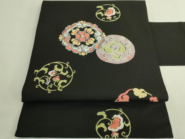 平和屋着物●極上 西陣 川島織物 九寸名古屋帯 花丸文 黒地 逸品 DZAB8565kh6