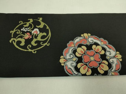 平和屋着物●極上 西陣 川島織物 九寸名古屋帯 花丸文 黒地 逸品 DZAB8565kh6