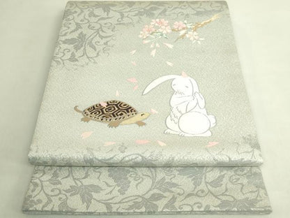 平和屋着物●極上　太鼓柄袋帯　唐織　ウサギとカメ　桜　金糸　デザイン画付き　逸品　未使用　DZAB8577kh6