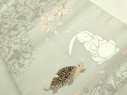 平和屋着物●極上　太鼓柄袋帯　唐織　ウサギとカメ　桜　金糸　デザイン画付き　逸品　未使用　DZAB8577kh6