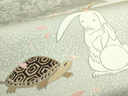 平和屋着物●極上　太鼓柄袋帯　唐織　ウサギとカメ　桜　金糸　デザイン画付き　逸品　未使用　DZAB8577kh6