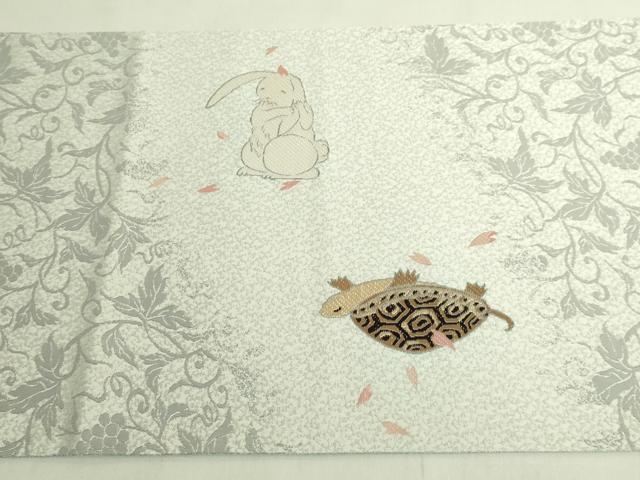 平和屋着物●極上　太鼓柄袋帯　唐織　ウサギとカメ　桜　金糸　デザイン画付き　逸品　未使用　DZAB8577kh6