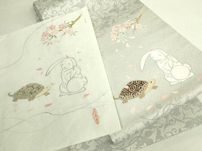 平和屋着物●極上　太鼓柄袋帯　唐織　ウサギとカメ　桜　金糸　デザイン画付き　逸品　未使用　DZAB8577kh6