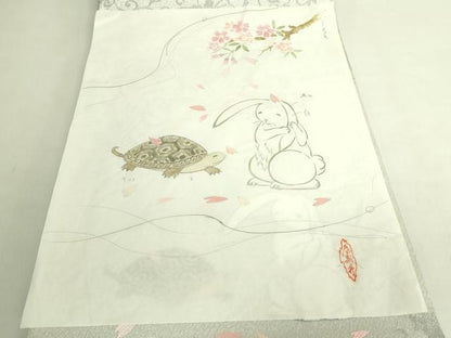 平和屋着物●極上　太鼓柄袋帯　唐織　ウサギとカメ　桜　金糸　デザイン画付き　逸品　未使用　DZAB8577kh6