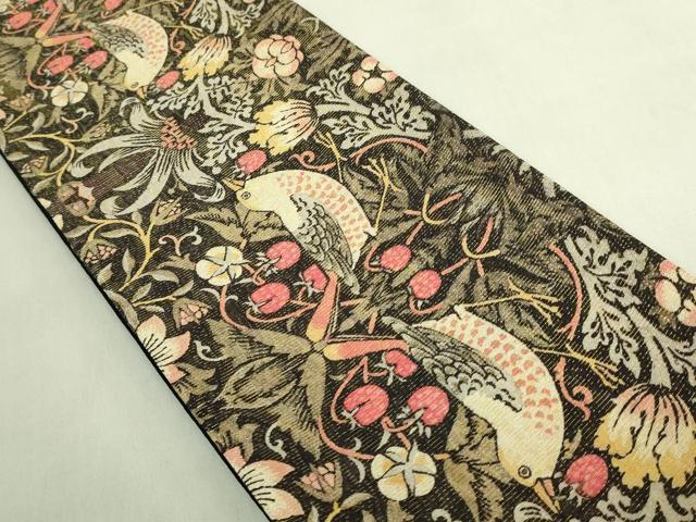 平和屋着物●極上　半幅帯　ウィリアム・モリス　いちご泥棒　金通し地　逸品　未使用　DZAB8593kh6