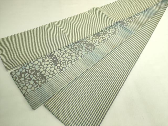 平和屋着物●極上　両面　半幅帯　わよしれ　氷割れ間道　縞　銀糸　逸品　DZAB8595kh6