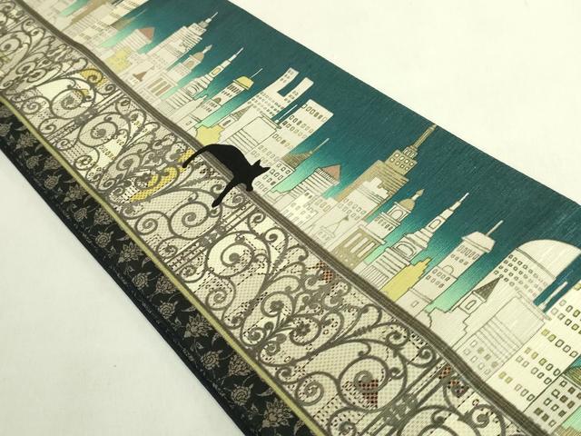 平和屋着物●極上 両面 半幅帯 WAKKA ワッカ 猫 三日月 網目花文 アーバンキャット 逸品 未使用 DZAB8601kh6