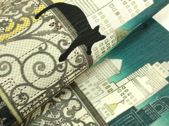 平和屋着物●極上 両面 半幅帯 WAKKA ワッカ 猫 三日月 網目花文 アーバンキャット 逸品 未使用 DZAB8601kh6