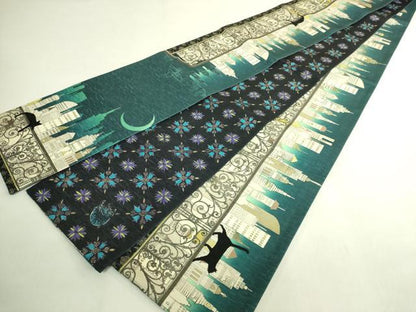 平和屋着物●極上 両面 半幅帯 WAKKA ワッカ 猫 三日月 網目花文 アーバンキャット 逸品 未使用 DZAB8601kh6