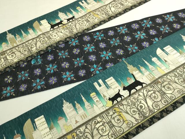 平和屋着物●極上 両面 半幅帯 WAKKA ワッカ 猫 三日月 網目花文 アーバンキャット 逸品 未使用 DZAB8601kh6