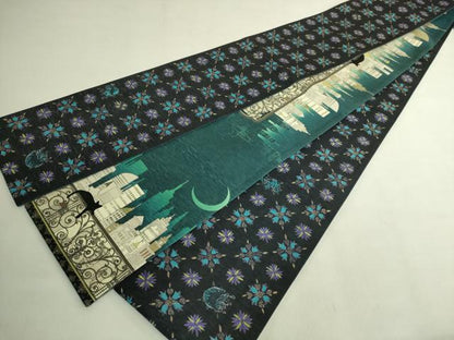 平和屋着物●極上 両面 半幅帯 WAKKA ワッカ 猫 三日月 網目花文 アーバンキャット 逸品 未使用 DZAB8601kh6