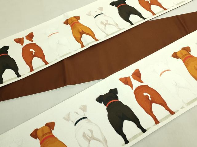 平和屋着物●極上 半幅帯 紬地 犬の後ろ姿 逸品 未使用 DZAB8608kh6