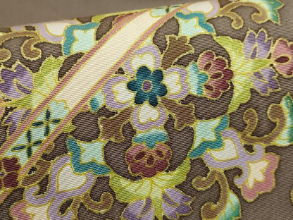 平和屋本店●極上　塩瀬　岡重謹製　OKAJIMA　九寸名古屋帯　正倉院花唐草　蒲茶色地　金彩　逸品　DZAB8617kh6