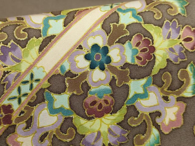 平和屋本店●極上　塩瀬　岡重謹製　OKAJIMA　九寸名古屋帯　正倉院花唐草　蒲茶色地　金彩　逸品　DZAB8617kh6