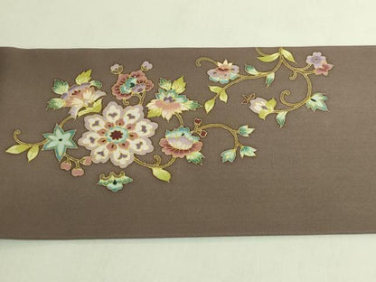 平和屋本店●極上　塩瀬　岡重謹製　OKAJIMA　九寸名古屋帯　正倉院花唐草　蒲茶色地　金彩　逸品　DZAB8617kh6