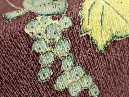 平和屋本店●超希少　東京友禅　久呂田明功　九寸名古屋帯　南天蔦の葉　松皮菱　鬼しぼ縮緬　葡萄茶色地　逸品　DZAB8624kh6