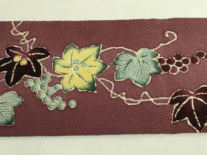 平和屋本店●超希少　東京友禅　久呂田明功　九寸名古屋帯　南天蔦の葉　松皮菱　鬼しぼ縮緬　葡萄茶色地　逸品　DZAB8624kh6
