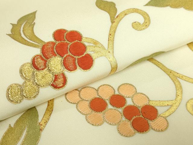 平和屋着物●極上　塩瀬　九寸名古屋帯　駒刺繍　葡萄蔦の葉文　金彩　逸品　DZAB8625kh6