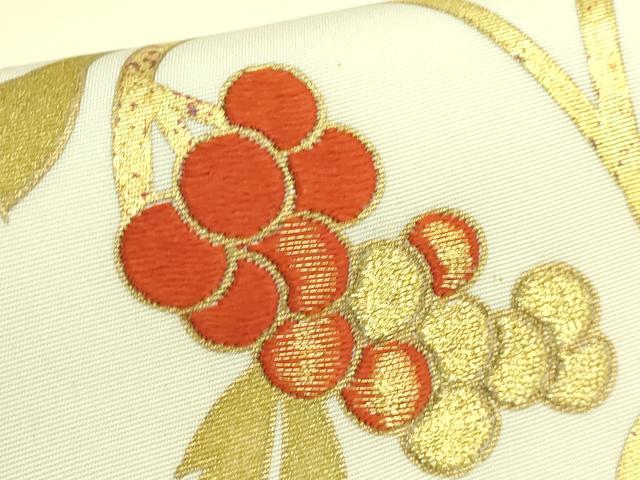 平和屋着物●極上　塩瀬　九寸名古屋帯　駒刺繍　葡萄蔦の葉文　金彩　逸品　DZAB8625kh6