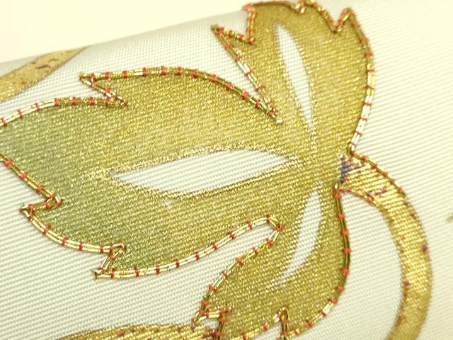 平和屋着物●極上　塩瀬　九寸名古屋帯　駒刺繍　葡萄蔦の葉文　金彩　逸品　DZAB8625kh6