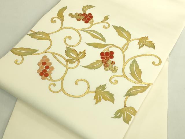 平和屋着物●極上　塩瀬　九寸名古屋帯　駒刺繍　葡萄蔦の葉文　金彩　逸品　DZAB8625kh6