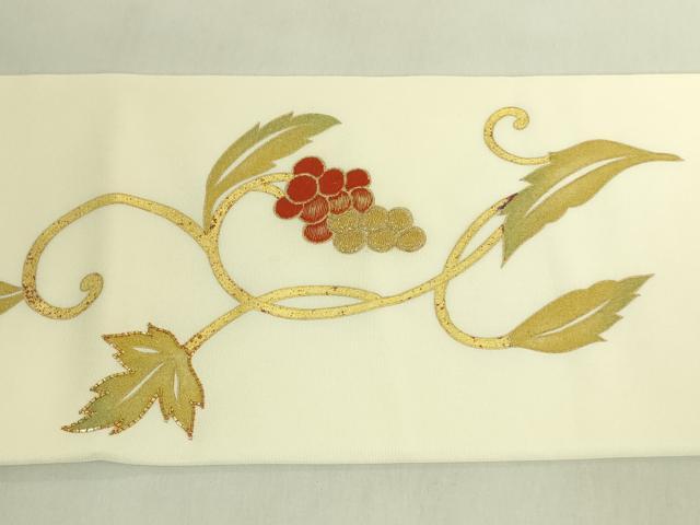 平和屋着物●極上　塩瀬　九寸名古屋帯　駒刺繍　葡萄蔦の葉文　金彩　逸品　DZAB8625kh6