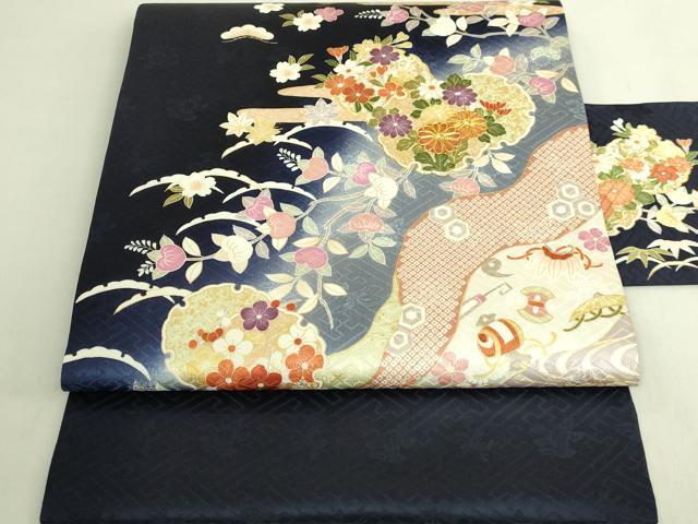 平和屋着物●極上 九寸名古屋帯 駒刺繍 雪輪花文 宝尽くし 金彩 濃い鉄紺色地 逸品 未使用 DZAB8629kh6