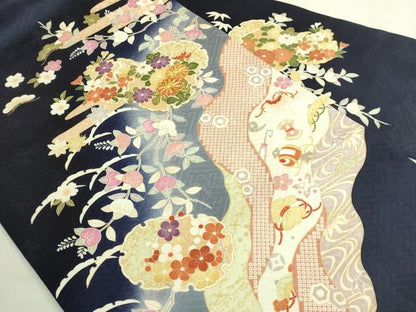 平和屋着物●極上 九寸名古屋帯 駒刺繍 雪輪花文 宝尽くし 金彩 濃い鉄紺色地 逸品 未使用 DZAB8629kh6