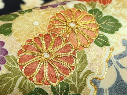 平和屋着物●極上 九寸名古屋帯 駒刺繍 雪輪花文 宝尽くし 金彩 濃い鉄紺色地 逸品 未使用 DZAB8629kh6