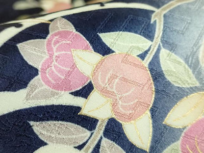 平和屋着物●極上 九寸名古屋帯 駒刺繍 雪輪花文 宝尽くし 金彩 濃い鉄紺色地 逸品 未使用 DZAB8629kh6