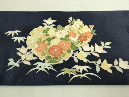 平和屋着物●極上 九寸名古屋帯 駒刺繍 雪輪花文 宝尽くし 金彩 濃い鉄紺色地 逸品 未使用 DZAB8629kh6