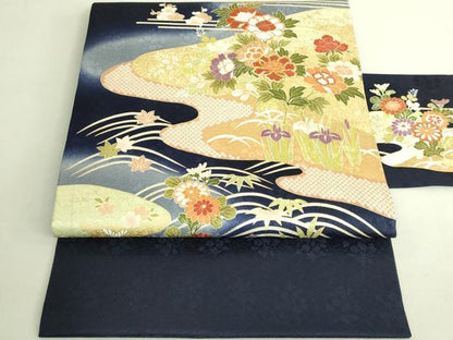 平和屋着物●極上 九寸名古屋帯 駒刺繍 流水草花文 金彩 濃い鉄紺色地 逸品 未使用 DZAB8631kh6