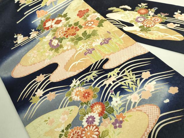 平和屋着物●極上 九寸名古屋帯 駒刺繍 流水草花文 金彩 濃い鉄紺色地 逸品 未使用 DZAB8631kh6