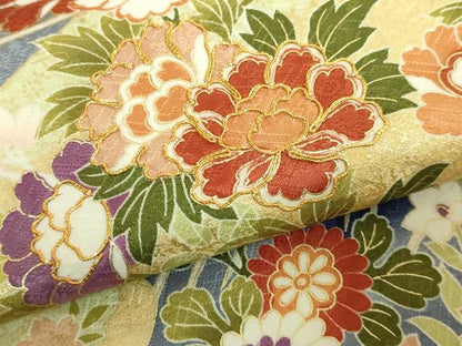 平和屋着物●極上 九寸名古屋帯 駒刺繍 流水草花文 金彩 濃い鉄紺色地 逸品 未使用 DZAB8631kh6