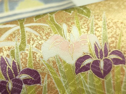 平和屋着物●極上 九寸名古屋帯 駒刺繍 流水草花文 金彩 濃い鉄紺色地 逸品 未使用 DZAB8631kh6