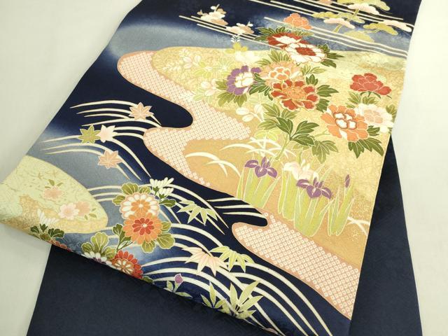 平和屋着物●極上 九寸名古屋帯 駒刺繍 流水草花文 金彩 濃い鉄紺色地 逸品 未使用 DZAB8631kh6