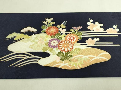 平和屋着物●極上 九寸名古屋帯 駒刺繍 流水草花文 金彩 濃い鉄紺色地 逸品 未使用 DZAB8631kh6