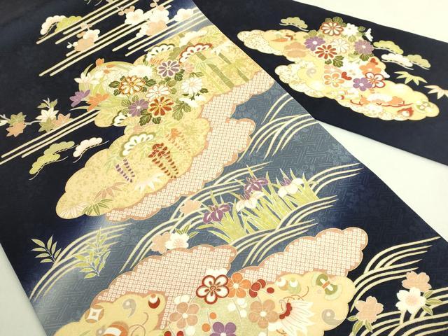 平和屋着物●極上　九寸名古屋帯　駒刺繍　宝尽くし花文　濃い鉄紺色地　金彩　逸品　未使用　DZAB8632kh6