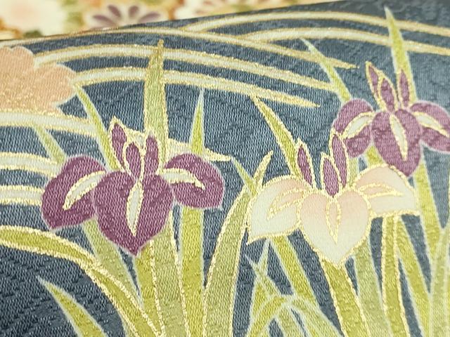 平和屋着物●極上　九寸名古屋帯　駒刺繍　宝尽くし花文　濃い鉄紺色地　金彩　逸品　未使用　DZAB8632kh6