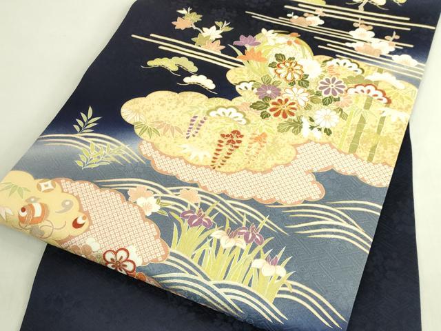 平和屋着物●極上　九寸名古屋帯　駒刺繍　宝尽くし花文　濃い鉄紺色地　金彩　逸品　未使用　DZAB8632kh6